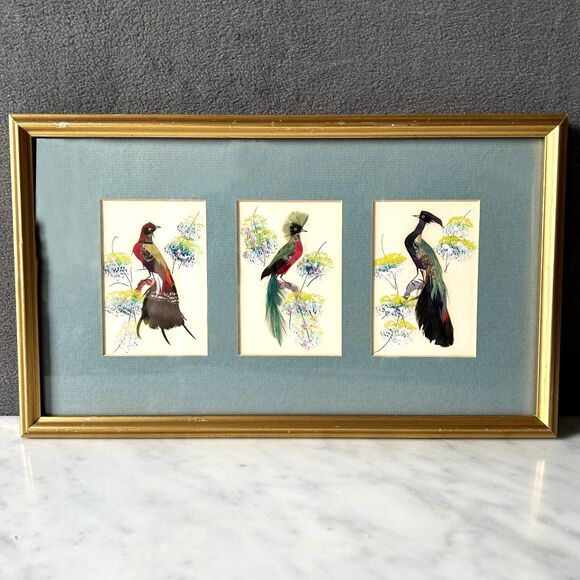 Vintage Mexican Feather Folk Art 3 Exotic Birds Matted Wood Frame 16" x 9.75" - Picture 1 of 10